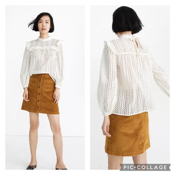 Madewell Tops - Madewell Eyelet Mockneck Ruffle Ivory Top  Size Small EUC